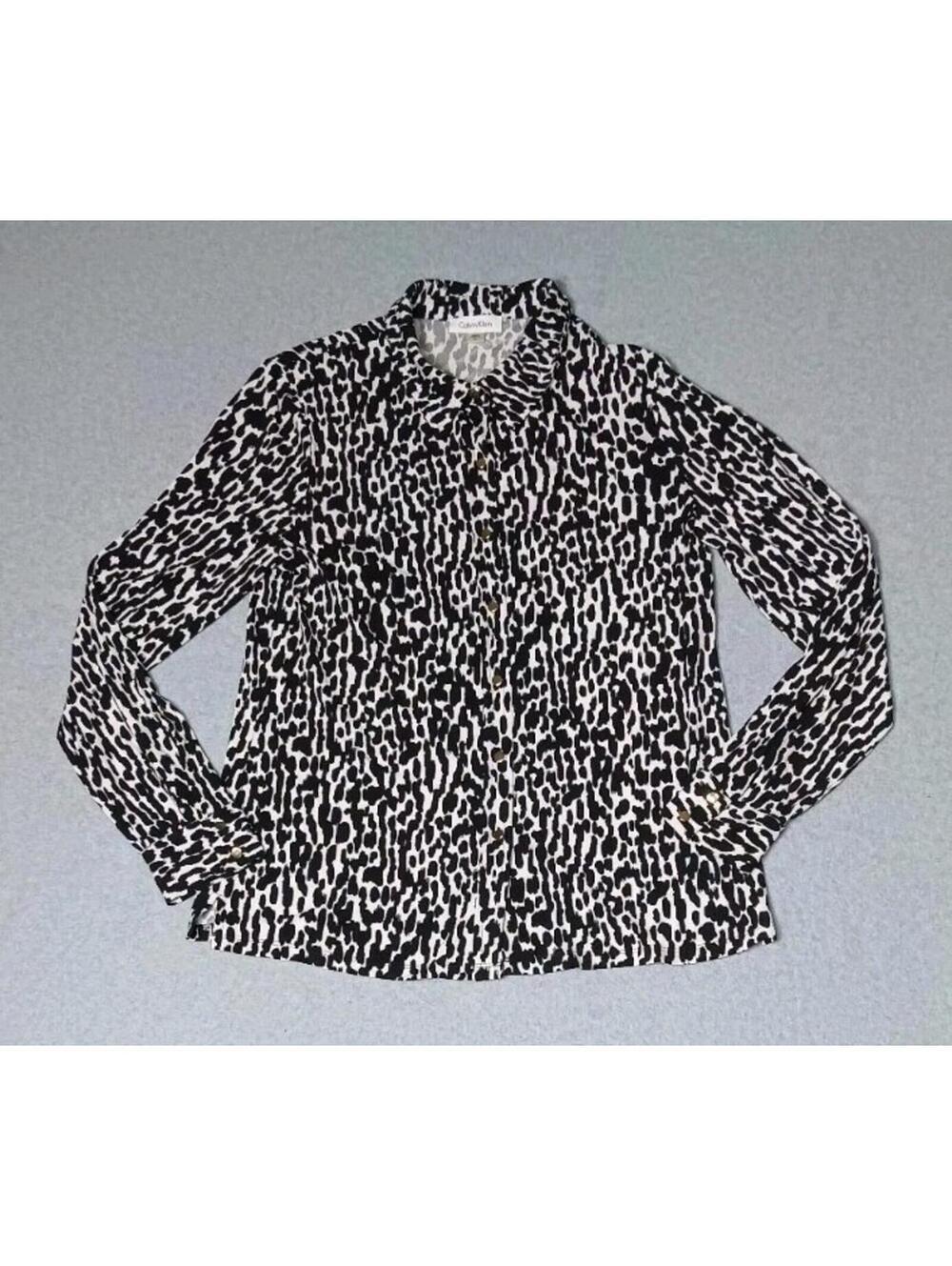 Calvin Klein Long Sleeve Button Up Blouse Womens Size Mesium Black And White...